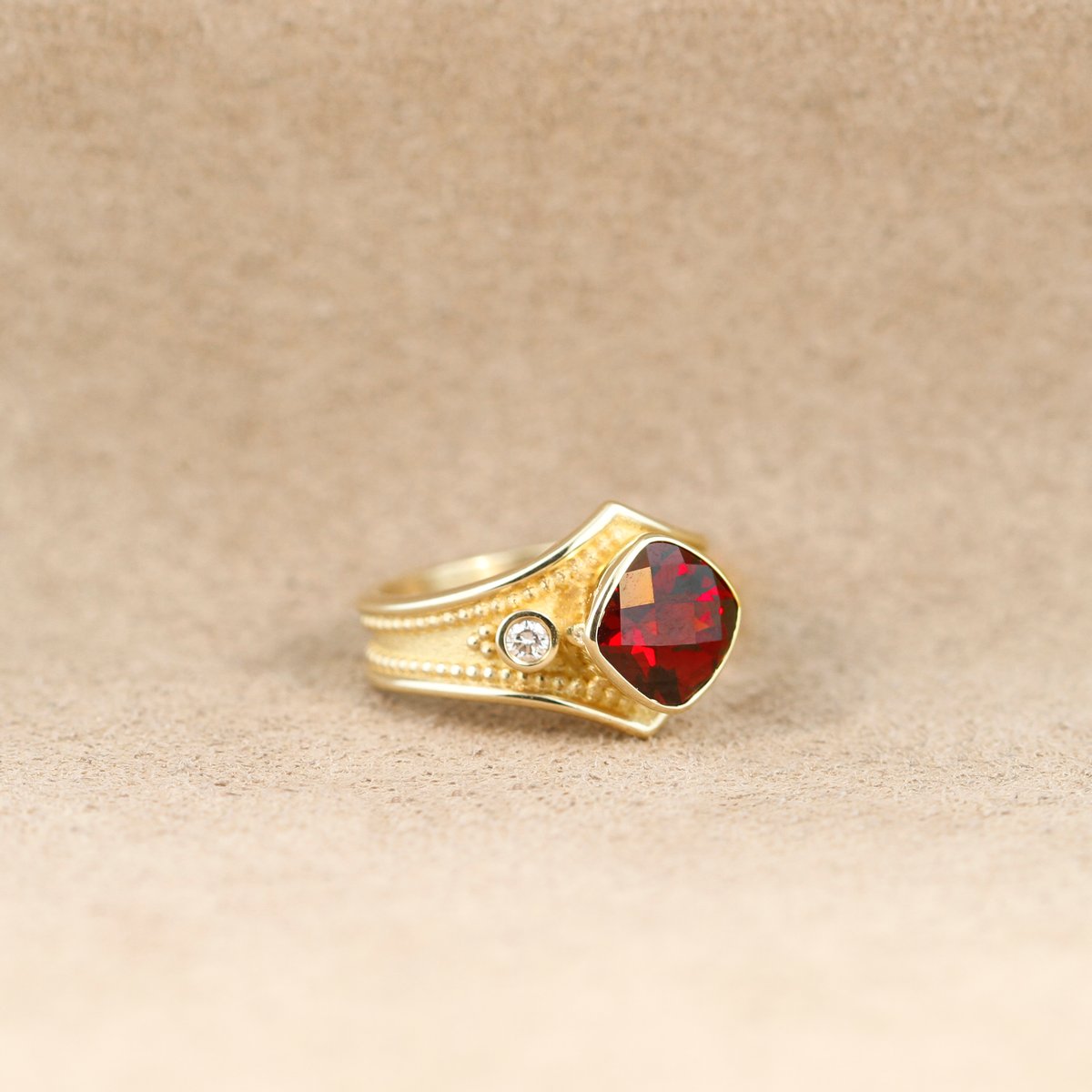 Checkerboard Cushion Cut Garnet Etruscan Ring